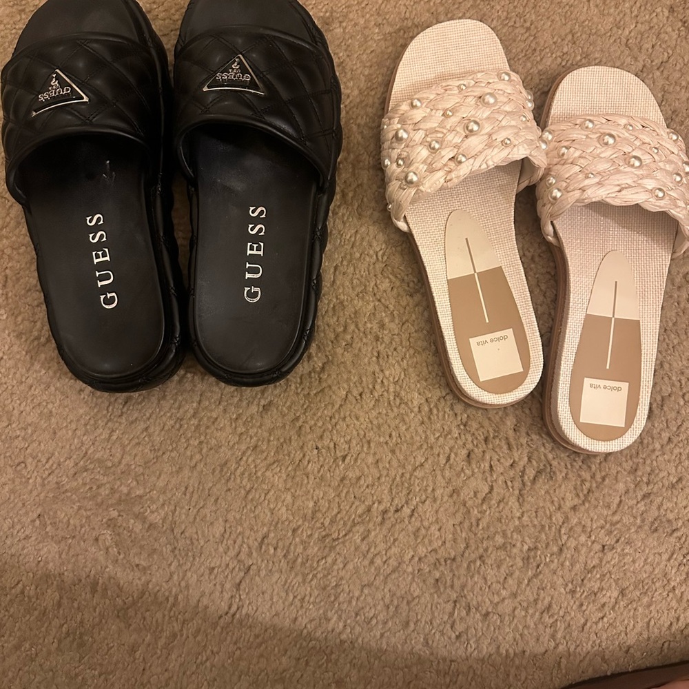 Guess Black Quilted Slide Sandals and Blush Pearl-Embellished Slides
